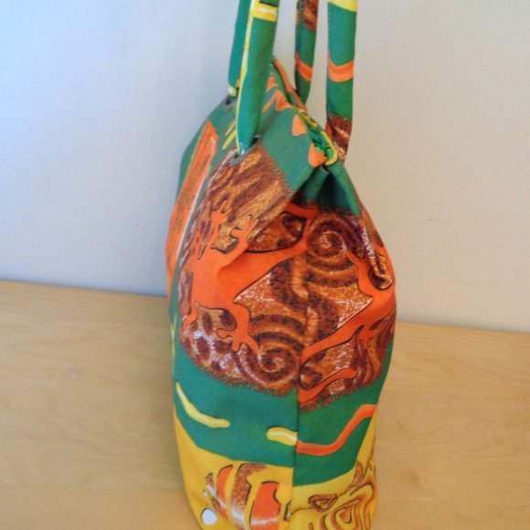 Cancun Beach Large Tote Bag Palm Tree Gecko Sun Fish Print Orange Yellow Green - Picture 3 of 5